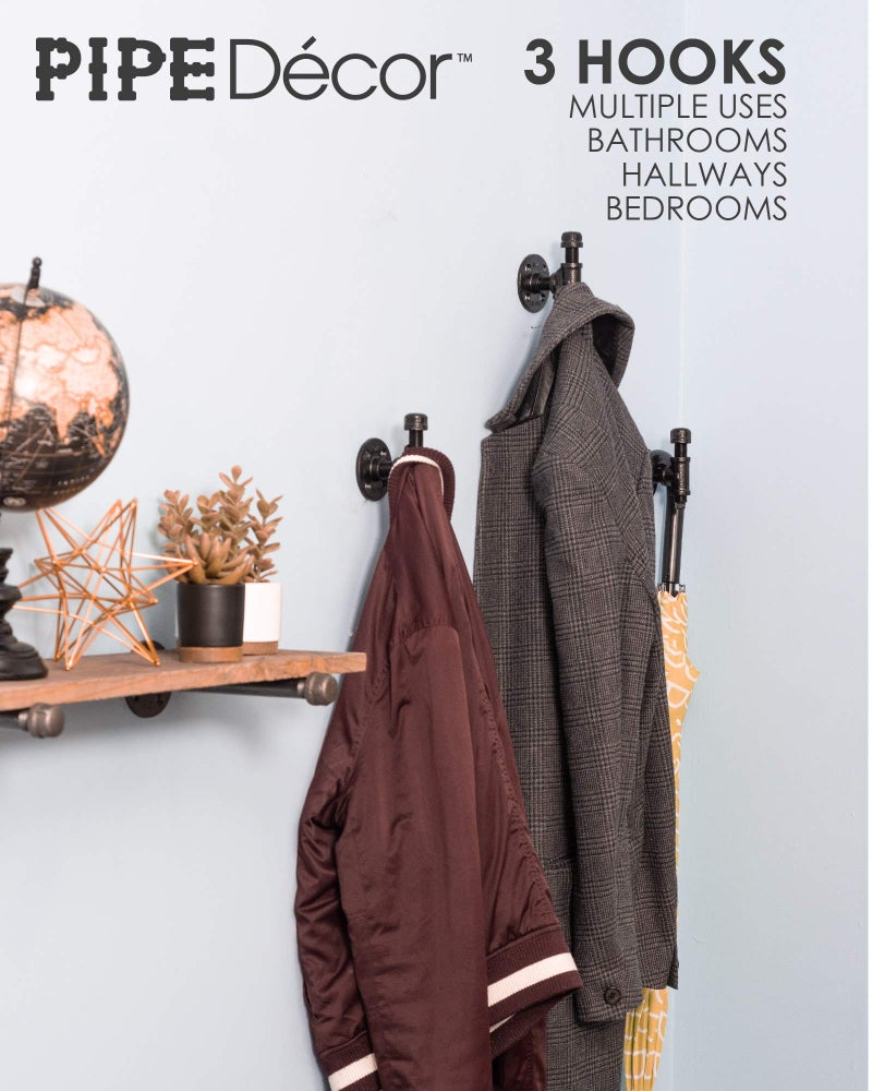 PIPE DECOR Robe and Towel Single Hook Kit Heavy Duty DIY Style, Rustic and Chic Industrial Iron Pipe with Electroplated Black Finish, Wall Mounted, Mounting Hardware Included, Oil + Rust Free (3) - Image 3